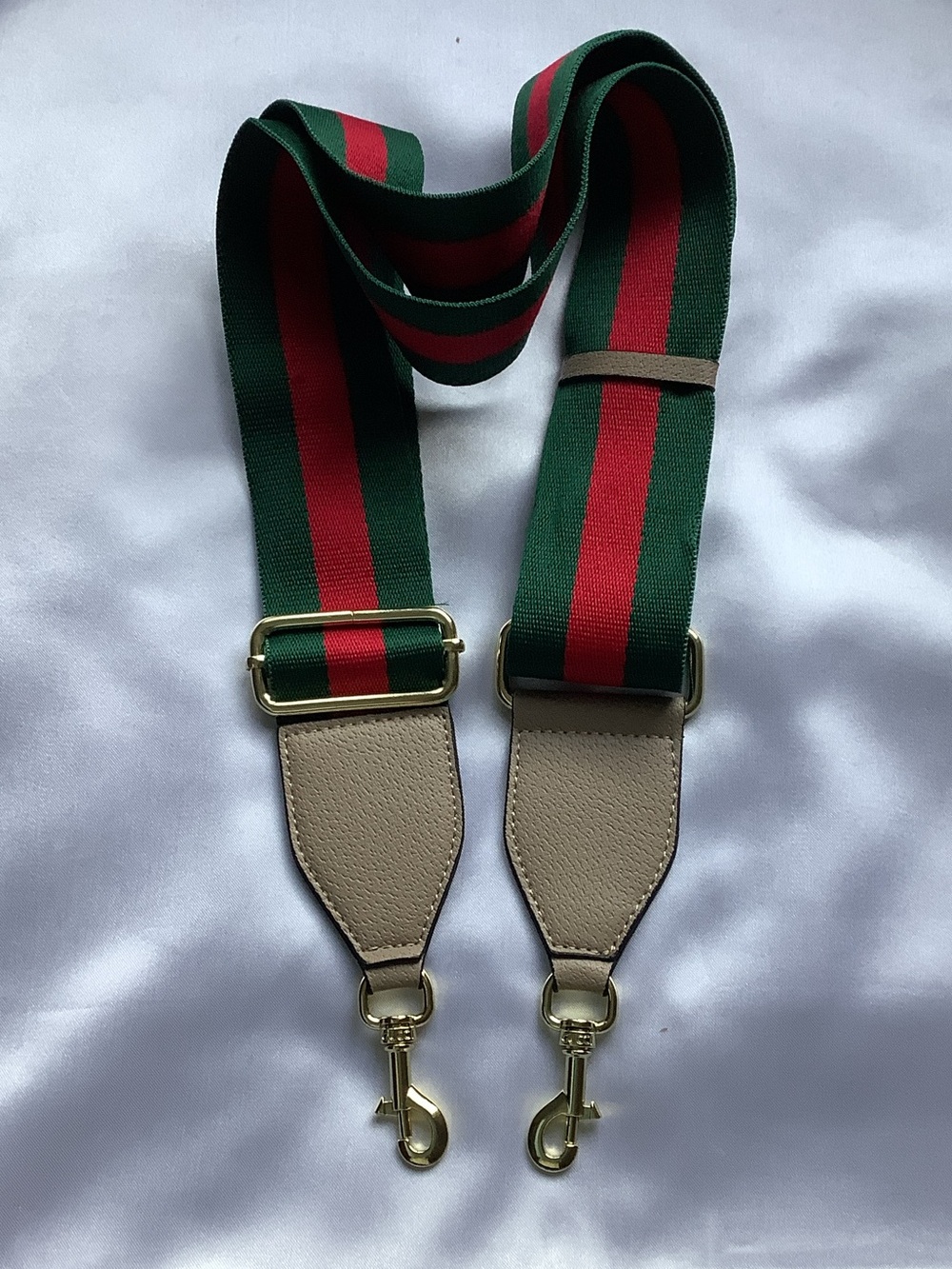 Gucci Green and Red Web Stripe Leather-End Shoulder Strap with Gold Hardware.